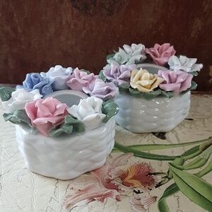 Hand-Molded Porcelain Flower Candle Holder Set of 2